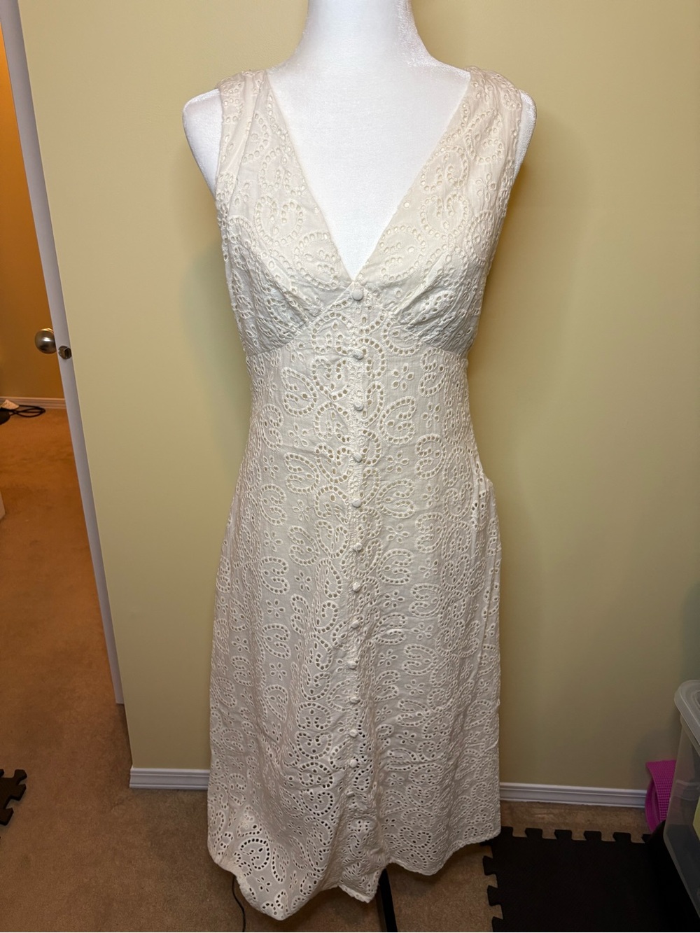 FRNCH Ivory Eyelet V-Neck Midi Dress